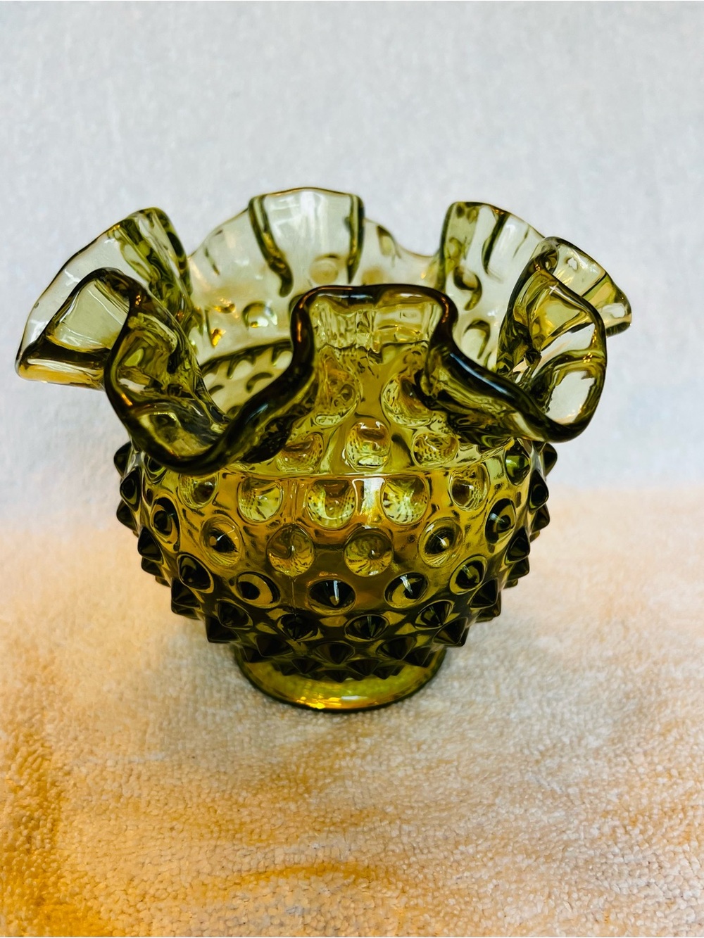 Fenton - Vintage Olive Green Hobnail Glass Ruffled Vase - Brand